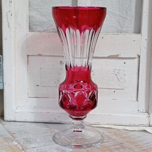 Val St Lambert Crystal Vase Cranberry Cut To Clear Blown Belgium Signed READ